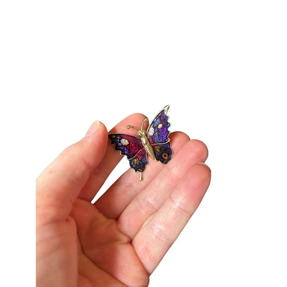 vintage Butterfly Brooch Pin Broach Enameled Sparkle Multi colored gold tone